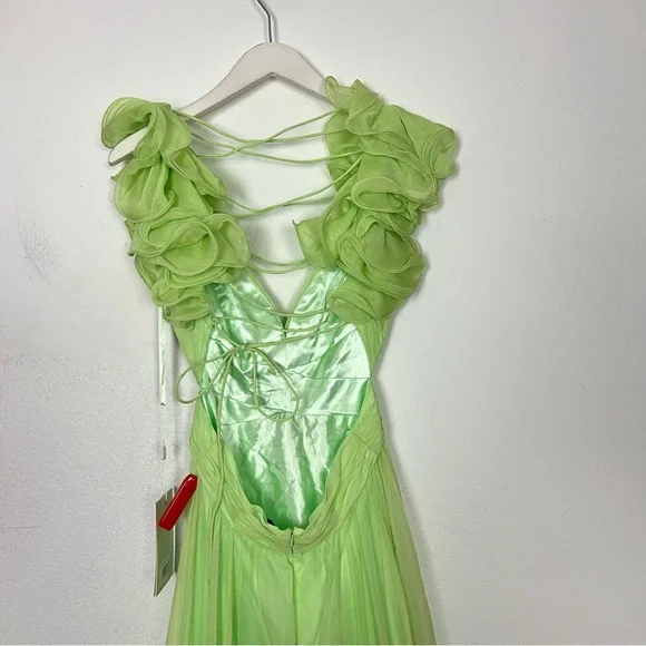 NEW Mac Duggal Indy Ruffle Tiered Cutout Chiffon Gown Mint Green Maxi Dress 4 - Picture 12 of 15